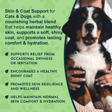 Fido-Derm skin-and-coat support graphic with comfort and hydration callouts beside a person holding a black, white and tan dog.