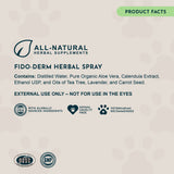 Fido-Derm Herbal Spray product-facts panel listing ingredients and an external-use-only warning, with quality badges.