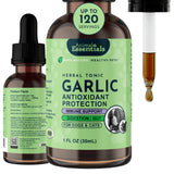 Animal Essentials Garlic Herbal Tonic bottle montage with front and back labels and a filled dropper.