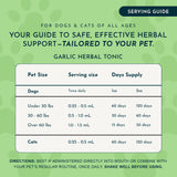 Garlic Herbal Tonic serving guide for dogs and cats, with serving sizes and estimated supply for two bottle sizes.