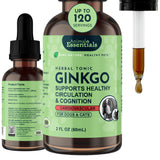 Animal Essentials Ginkgo Herbal Tonic 2 fl oz bottle montage with front and back labels and a filled dropper.