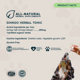 Ginkgo Herbal Tonic Product Facts panel listing active and inactive ingredients, beside a dog receiving a dropper.