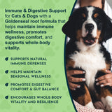 Person holding a tricolor puppy beside Goldenseal messaging about immune wellness, digestive comfort and whole-body vitality.