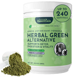 Animal Essentials Herbal Green Alternative, 10.6 oz jar with a green label, beside a scoop spilling green powder.