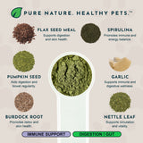 Scoop of green powder surrounded by labeled flax seed meal, pumpkin seed, burdock root, spirulina, garlic and nettle leaf.