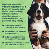 Herbal Green Alternative digestive, immune and vitality-support graphic beside a person holding a black, white and tan dog.