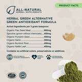 Herbal Green Alternative product-facts panel with an ingredient list, quality badges and a scoop of green powder.