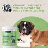 Herbal Green Alternative jar beside a reclining large dog and small black-and-white cat, beneath a digestive and vitality-support message.
