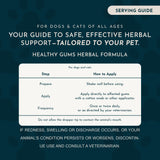 Healthy Gums directions panel describing topical gum application and precautions for avoiding contamination and seeking veterinary advice.