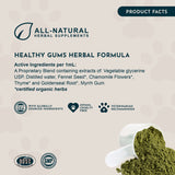 Healthy Gums product-facts panel listing herbal ingredients, with quality badges and a scoop of green powder.