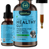 Animal Essentials Healthy Gut herbal tonic, 2 fl oz bottle with front and side labels beside a liquid-filled dropper.