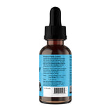 Rear view of a Healthy Gut dropper bottle with directions, serving information for dogs and cats, and barcode on a blue label.