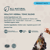 Product-facts panel headed Healthy Herbal Tonic Blend, listing chicory, marshmallow, fennel and yucca, with a dog receiving a dropper.