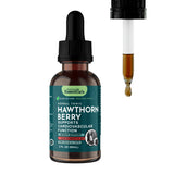 Front of an Animal Essentials Hawthorn Berry Herbal Tonic 2 fl oz bottle beside a dropper of amber liquid.