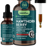 Hawthorn Berry 1 fl oz bottle shown front and back beside a filled dropper and an up-to-120-servings badge.