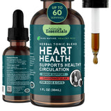 Animal Essentials Heart Health 1 fl oz herbal tonic bottle, front and side labels, beside a dropper with an amber drop.