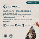 Heart Health Herbal Tonic Blend product-facts panel listing ingredients, with a dog receiving liquid from a dropper.