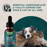Heart Health herbal tonic bottle beside a dog and cat, with cardiovascular and vitality support messaging.
