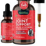 Animal Essentials Joint Support 2 fl oz herbal tonic bottle, front and side labels, beside a dropper with an amber drop.
