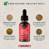 Joint Support herbal tonic bottle with illustrated burdock root, licorice root, yucca root and alfalfa ingredients.