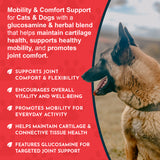 German shepherd in profile beside Joint Support mobility and comfort messaging, including a glucosamine claim.
