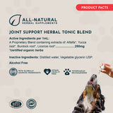 Joint Support Herbal Tonic Blend product-facts panel listing ingredients, with a dog receiving liquid from a dropper.