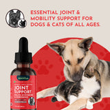 Joint Support herbal tonic bottle beside a dog nuzzling a kitten, with joint and mobility support messaging.