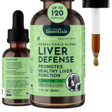 Animal Essentials Liver Defense 1 fl oz herbal tonic bottle, front and side labels, beside a dropper with an amber drop.