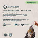 Liver Defense Herbal Tonic Blend product-facts panel listing ingredients, with a dog receiving liquid from a dropper.