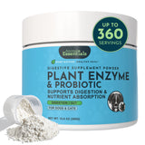 Animal Essentials Plant Enzyme & Probiotic 300 g jar with a scoop of powder and a servings badge.