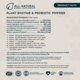 Animal Essentials Plant Enzyme & Probiotic product facts panel with guaranteed analysis, ingredients and label information.