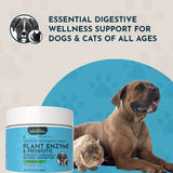 Animal Essentials Plant Enzyme & Probiotic 100 g jar beside a dog and cat.