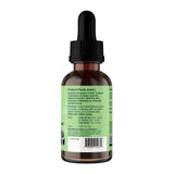 Animal Essentials Olive Leaf bottle viewed from the back, with directions, cautions and barcode on the green label.