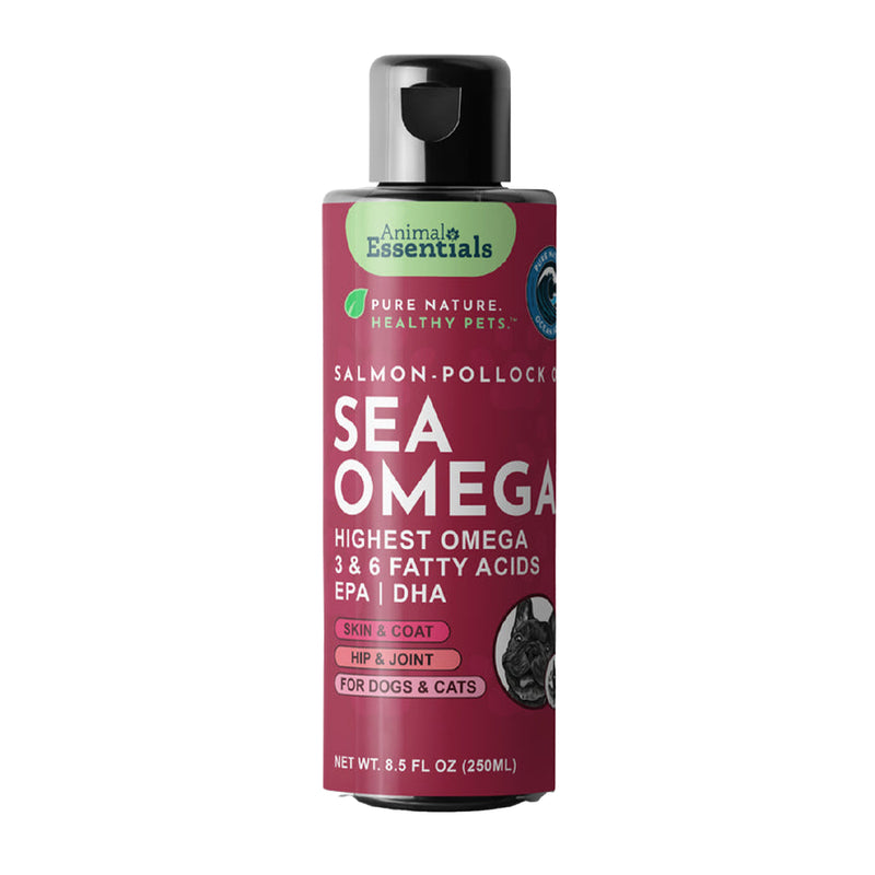 Animal Essentials Sea-Omega salmon-pollock oil, 8.5 fl oz bottle with burgundy label and black flip-top cap.