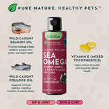 Sea-Omega bottle with illustrated salmon oil, pollock oil and vitamin E ingredients.