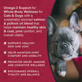 Resting gray dog beside Sea-Omega omega-3 messaging about skin and coat, joint comfort and whole-body wellness.