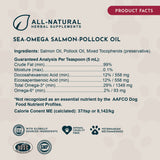 Sea-Omega Salmon-Pollock Oil product-facts panel showing ingredients, guaranteed analysis and calorie content.