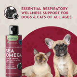 Sea-Omega oil bottle beside a cat and French bulldog, beneath a heading about respiratory wellness support.