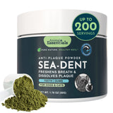 Animal Essentials Sea-Dent anti-plaque powder, 50 g jar with a white scoop spilling green powder.