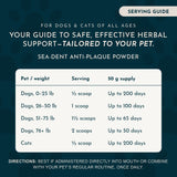 Sea-Dent Anti-Plaque Powder serving guide with dog and cat rows, serving sizes and days' supply for a 50 g jar.
