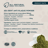 Sea-Dent Anti-Plaque Powder product-facts panel listing active ingredients and other ingredients beside a scoop of green powder.