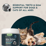 Sea-Dent powder jar beside a tabby cat and reclining terrier, with teeth and gum support messaging.