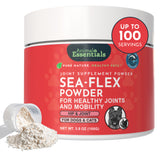 Animal Essentials Sea-Flex 100 g jar with a scoop of powder.