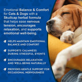 Sleeping dog beside Skullcap messaging about emotional balance, relaxation and occasional nervousness.