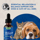 Skullcap bottle beside a cat and Beagle, with relaxation and balance messaging.
