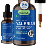 Valerian 1 fl oz bottle shown front and back beside a filled dropper and an up-to-120-servings badge.