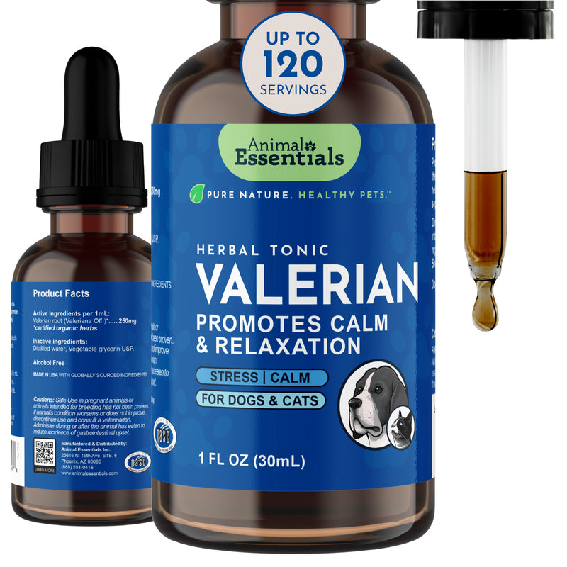 Valerian 1 fl oz bottle shown front and back beside a filled dropper and an up-to-120-servings badge.