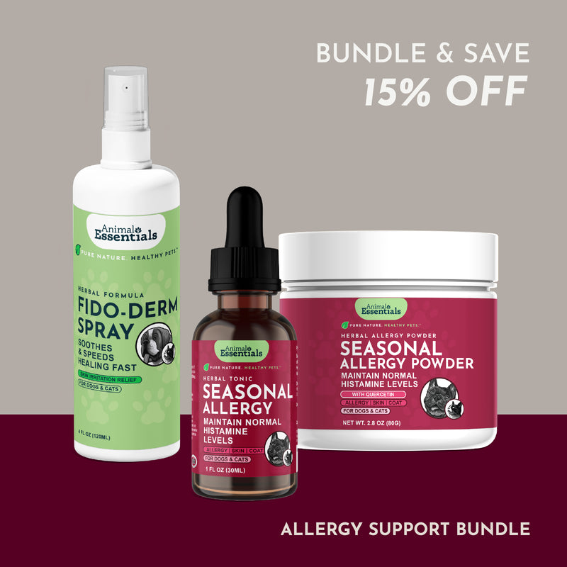 Animal Essentials Allergy Support Bundle for dogs and cats, featuring herbal formulas and supplements to ease seasonal sensitivities and support immune balance.