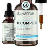 Veterinarian's Apawthecary B-Complex, 2 fl oz bottle with front and side labels beside a liquid-filled dropper.