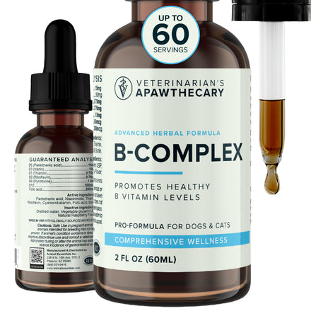 Veterinarian's Apawthecary B-Complex, 2 fl oz bottle with front and side labels beside a liquid-filled dropper.